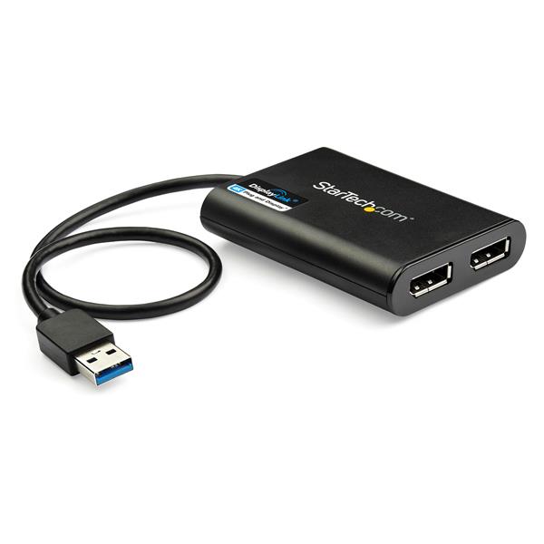 USB to Dual DisplayPort Adapter connecting two 4K monitors, enabling enhanced multitasking and productivity for Windows/Mac users.