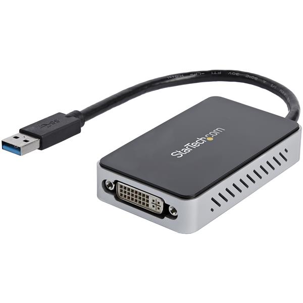 USB 3.0 to DVI Adapter with 1-Port Hub for dual monitor setups, supporting resolutions up to 1920x1200.