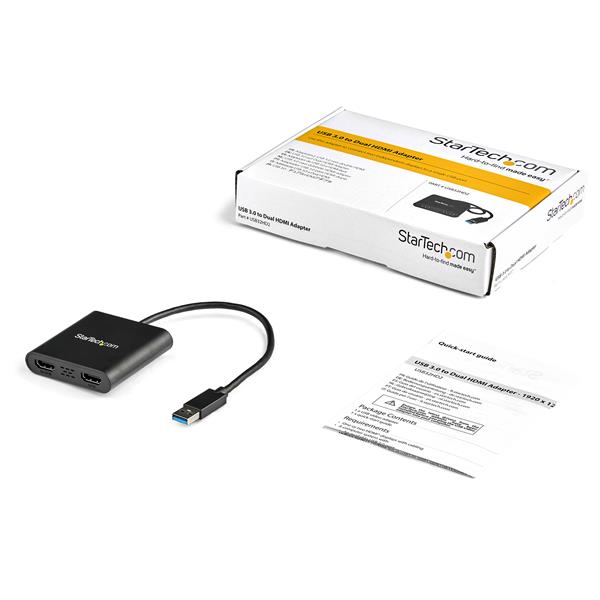 USB 3.0 Dual HDMI Adapter enabling 4K and 1920x1200 resolutions for dual monitor setups, ideal for multitasking.