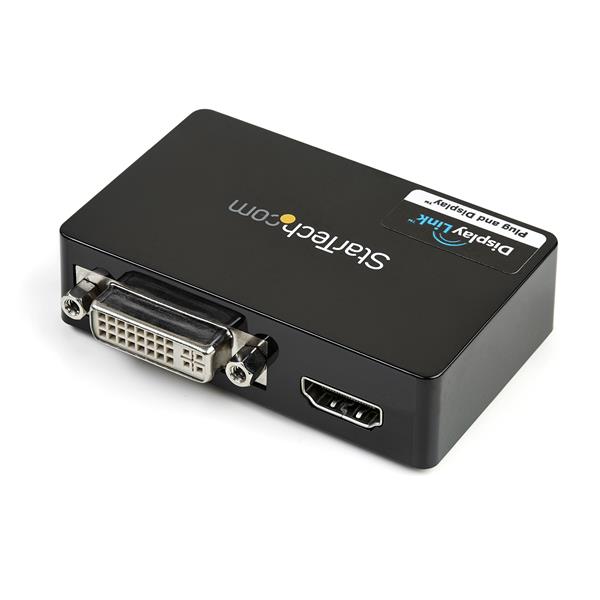 USB 3.0 dual monitor adapter with HDMI and DVI-I outputs for high-definition video and seamless multi-monitor setups.