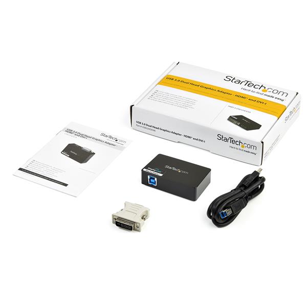 USB 3.0 Dual Monitor Adapter enabling HDMI and DVI outputs for high-definition resolution up to 2048x1152 at 60Hz.