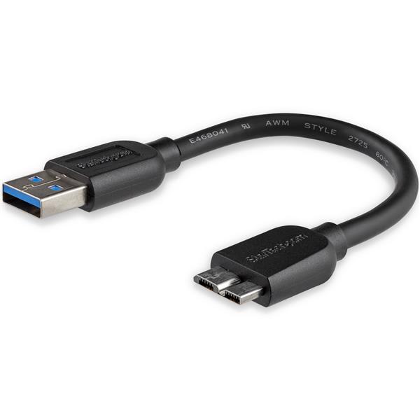 Slim 15cm Micro USB 3.0 cable for close-range charging and syncing of devices, featuring a lightweight design and flexible connector.