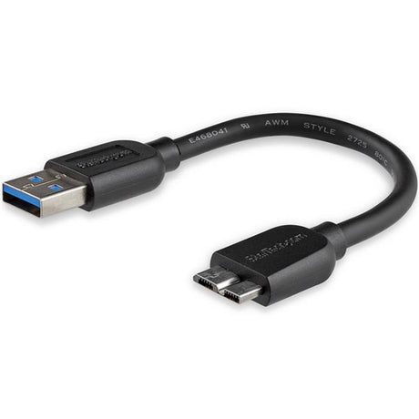 Slim 15cm Micro USB 3.0 cable for close-range charging and syncing of devices, featuring a lightweight design and flexible connector.