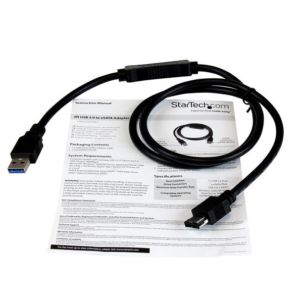 USB 3.0 to eSATA adapter cable, 3ft long, for fast data transfer with HDDs, SSDs, and optical drives.