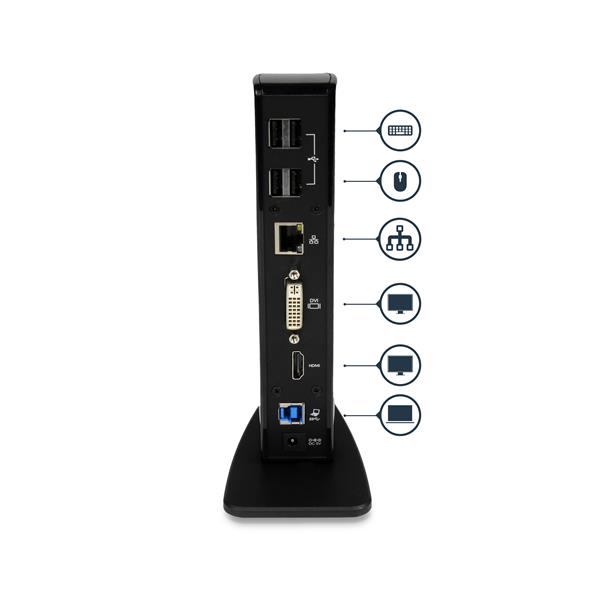 HDMI DVI Dual-Monitor Docking Station for laptops with USB 3.0, Gigabit Ethernet, and multiple connectivity options.