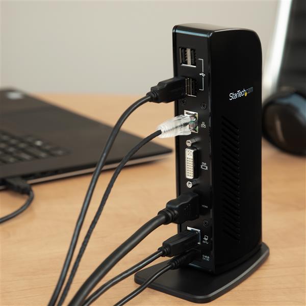 HDMI DVI Dual-Monitor Docking Station with USB 3.0 and Gigabit Ethernet, sleek design for enhanced productivity.