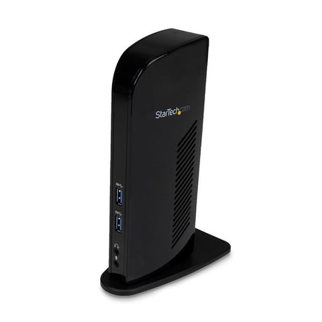 HDMI DVI dual-monitor docking station for laptops with USB 3.0, Gigabit Ethernet, and compact design for efficient workspace.