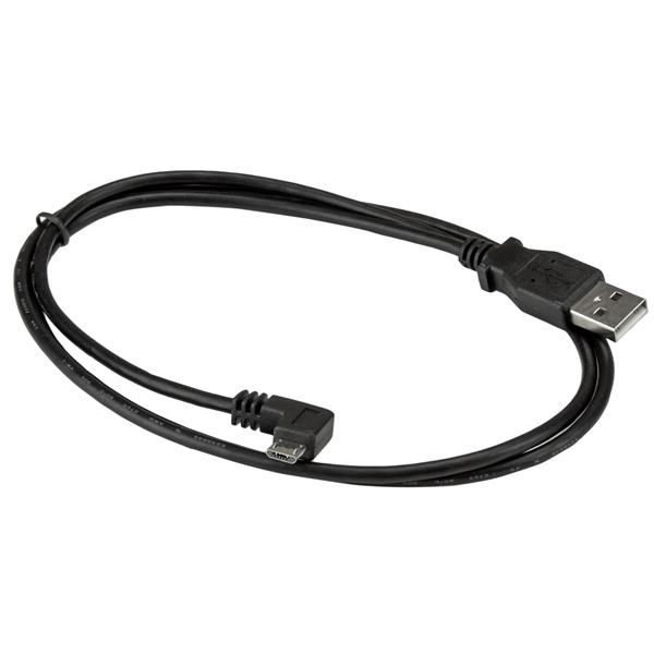 Left-angle Micro-USB cable, 1m long, designed for high-speed charging and data transfer in tight spaces.