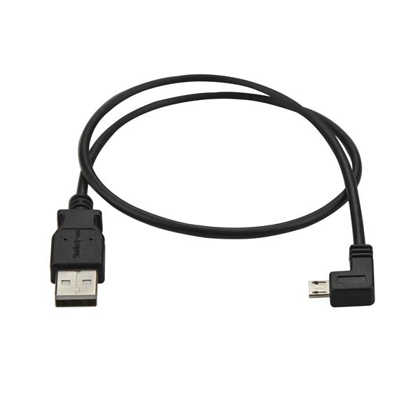 Micro-USB left-angle cable, 0.5m length for fast charging and syncing mobile devices, ideal for tight spaces.