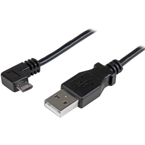 Right-angle Micro-USB cable for fast charging and syncing, 1m length, ideal for tight spaces and car use.
