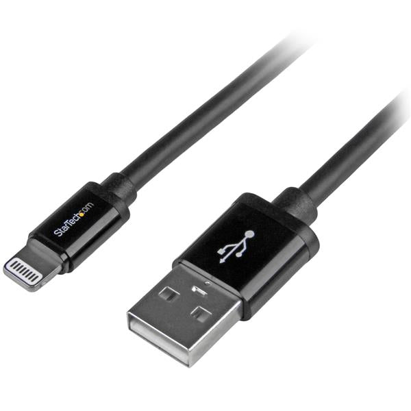 Apple MFi Certified 2m USB to Lightning Cable in black, ideal for charging and syncing iPhone, iPad, and iPod devices.