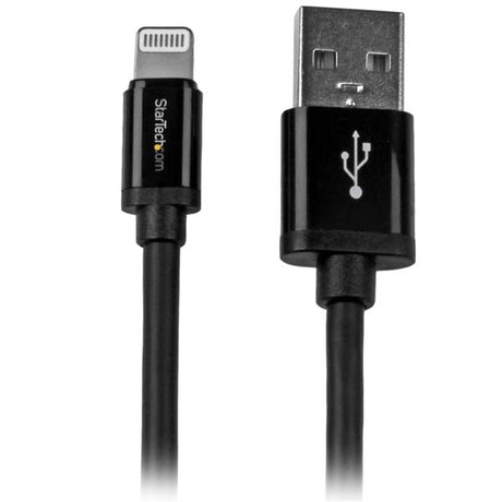 Apple MFi Certified 2m black USB to Lightning cable for charging and syncing iPhone, iPad, and iPod with durable design.