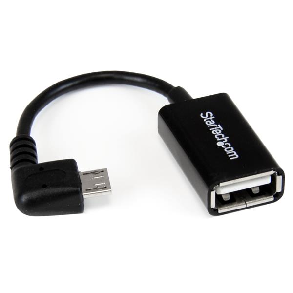 Right angle Micro USB to USB OTG host adapter for smartphones and tablets, connecting peripherals with ease.