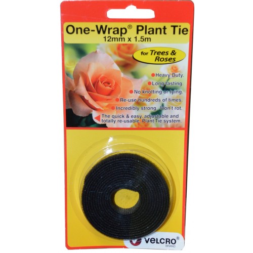 Heavy-duty black VELCRO® tree and shrub ties, 12mm wide, 1500mm long, ideal for securing plants without damage.