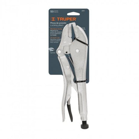 10-inch Truper locking plier with straight jaw, chrome molybdenum steel, non-slip handles, and quick-release feature.
