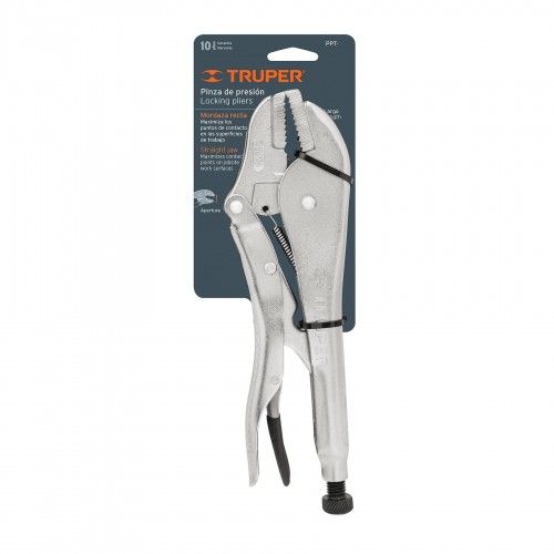 10-inch Truper locking plier with straight jaw, chrome molybdenum steel, non-slip handles, and quick-release feature.