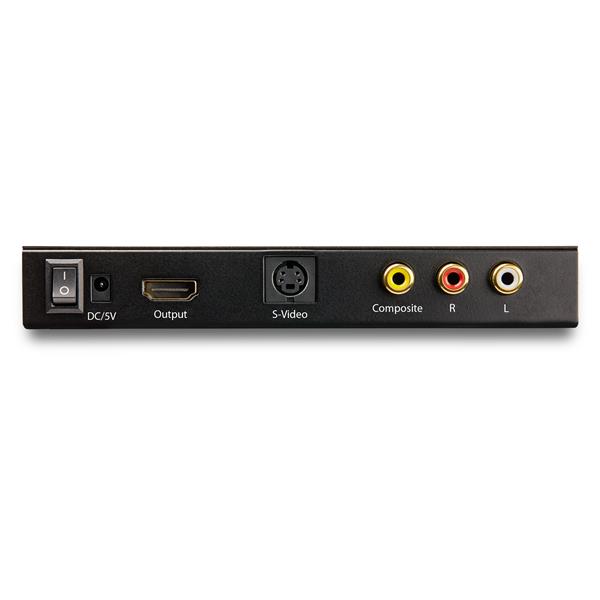 S-Video & Composite to HDMI Converter with Audio, 720p upscaler for NTSC & PAL devices, compact and user-friendly.