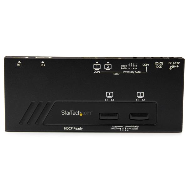 2x2 HDMI Matrix Switch allowing seamless connection of two HDMI sources to two displays with 4K UHD and IR remote control.