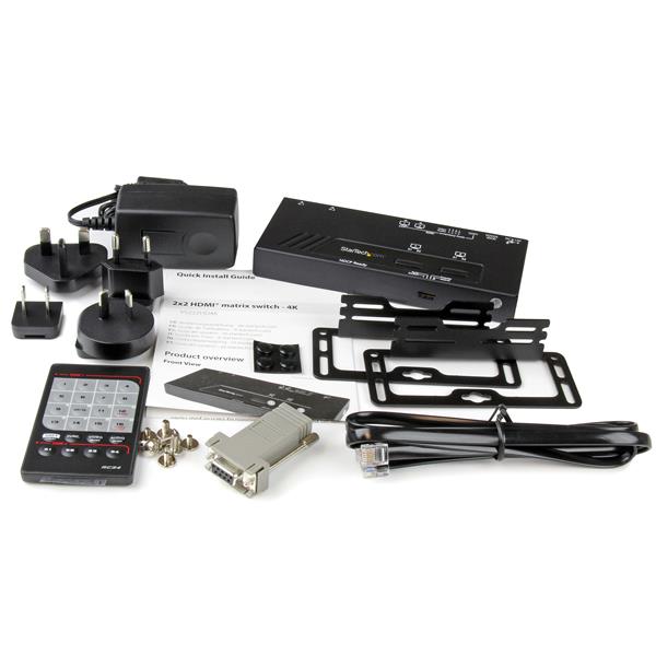 2x2 HDMI matrix switch for seamless 4K UHD connectivity between two sources and two displays with remote control and auto-switching.