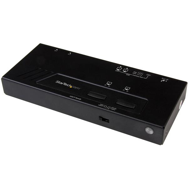 2x2 HDMI matrix switch supports 4K UHD video, fast switching, auto-sensing, and IR remote for seamless HDMI connections.