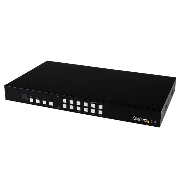4x4 HDMI matrix switch enabling PIP multiview, remote control, and versatile video wall configurations for presentations.