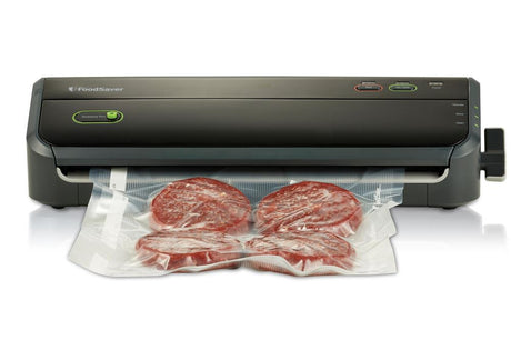 Foodsaver Lock and Seal by Sunbeam features a one-handed locking arm for easy food sealing and a removable drip tray for easy cleanup.