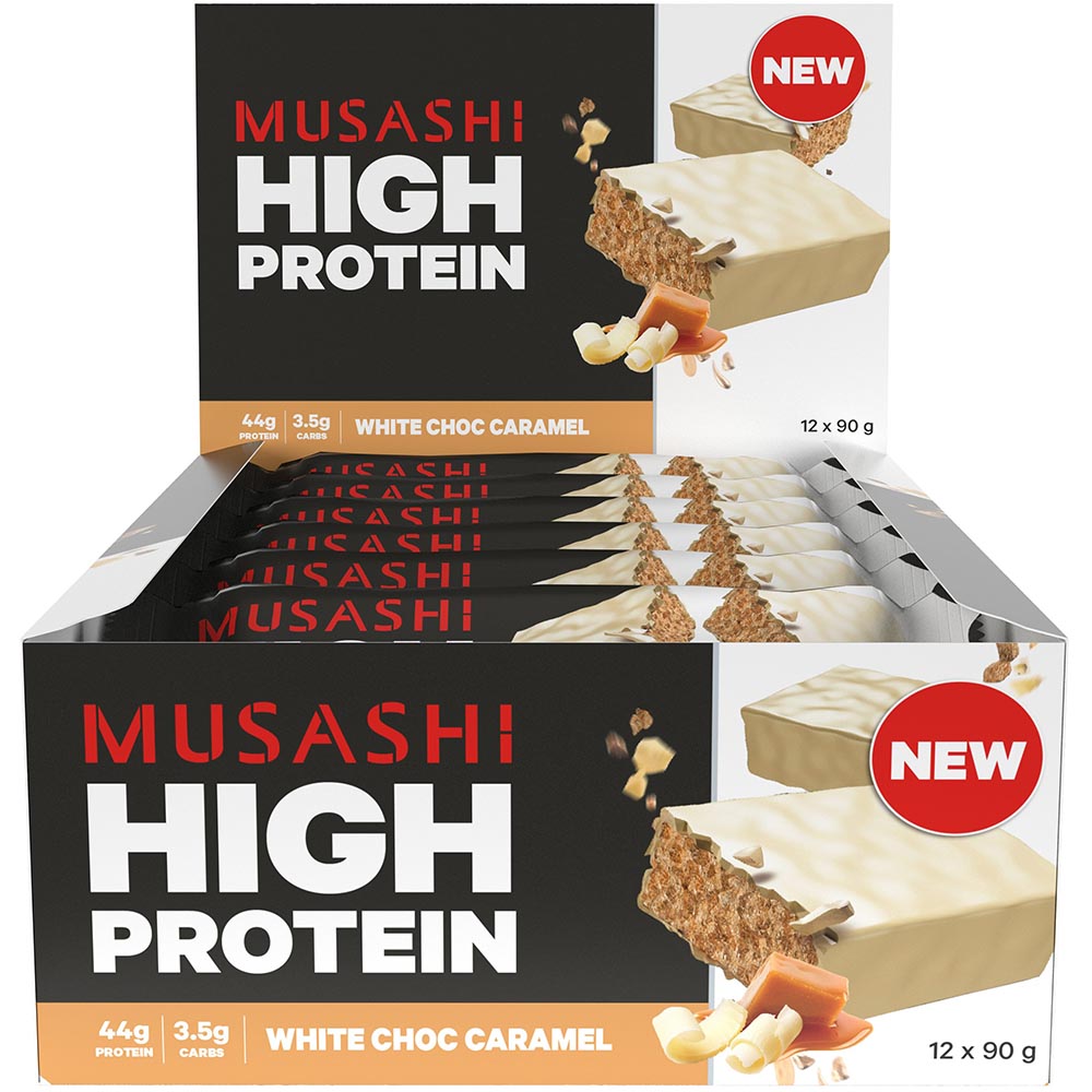 Musashi High Protein Bar White Choc Caramel 90g - Carton of 12