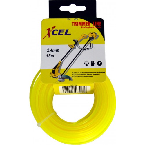 Bright yellow 15m Xcel trimmer line, 2.4mm thick, designed for effective weedeater performance and lawn care.