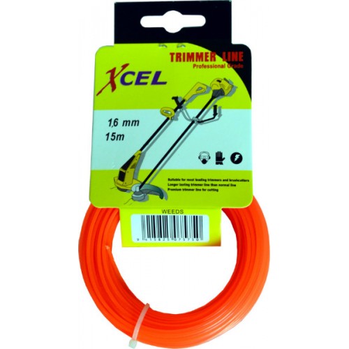 Orange 15m trimmer line for weedeaters, resistant and efficient for easy grass and weed cutting.