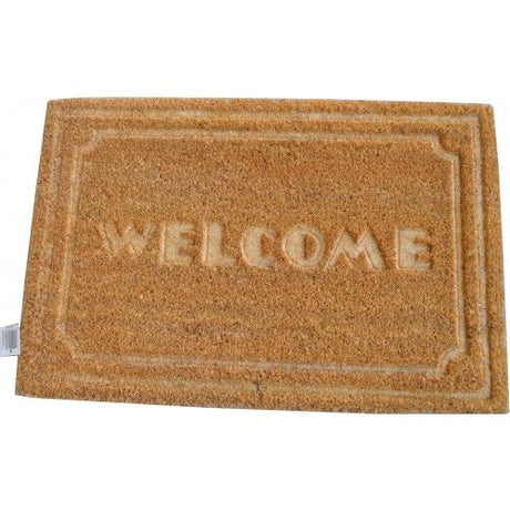 Eco-friendly coir door mat with 'WELCOME' message, 60 x 40cm; traps dirt, durable for indoor/outdoor use.