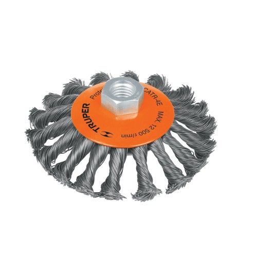 5-inch Truper wire concave wheel brush for efficient cleaning, ideal for metalworking with durable knotted steel bristles.