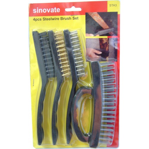 4-piece Sinovate wire brush set featuring steel, brass, and nylon bristles for effective cleaning and scrubbing tasks.