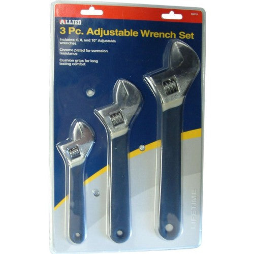 Set of three adjustable wrenches in 150mm, 200mm, 250mm, crafted from high carbon steel with chrome finish.