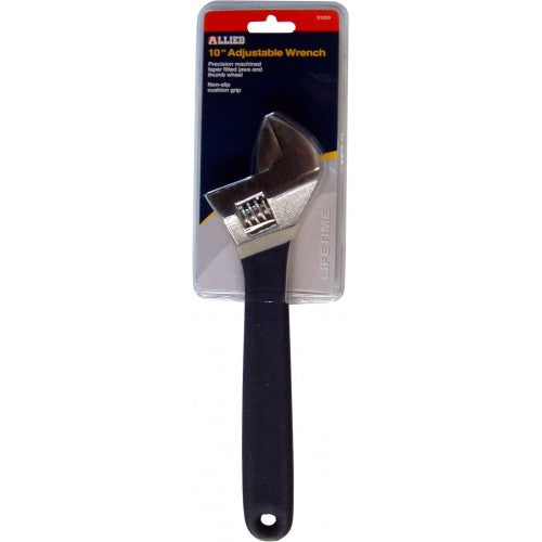 10-inch Adjustable Wrench-Allied #51053, chrome-plated, ergonomic design for versatile fastening tasks.