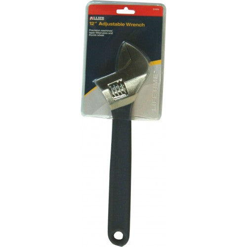 Allied #51054 Adjustable Wrench, 12 inches, high carbon steel, chrome-plated, ergonomic grip for versatile fastener adjustments.
