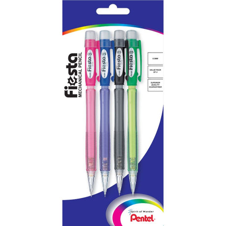 Pentel Fiesta Auto Pencil 0.5mm in assorted colors with ergonomic grips, built-in eraser, and fine writing leads.