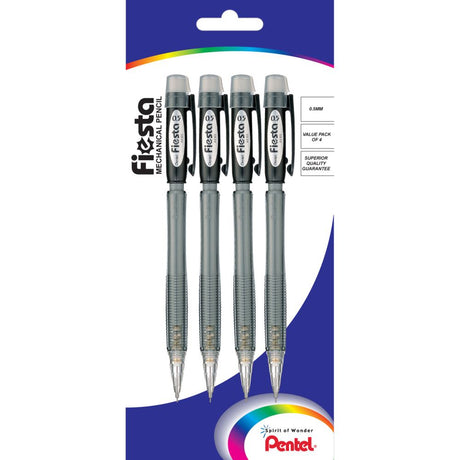 Pack of 4 Pentel Fiesta 0.5mm mechanical pencils with ridged grips and built-in erasers for precise writing.