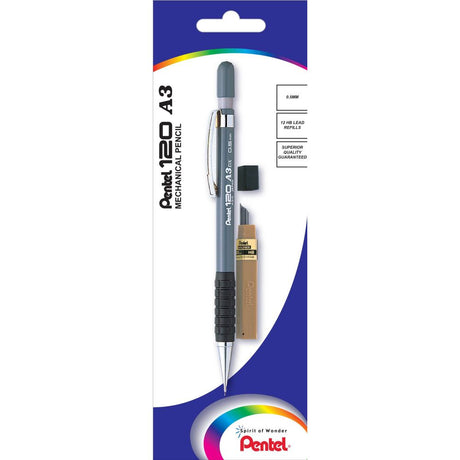Pentel XA315 mechanical pencil with grey barrel, 0.5mm lead, ergonomic grip, and metal pocket clip for drafting and writing.