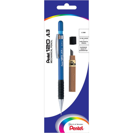 Pentel XA317 0.7mm mechanical pencil with blue barrel, ergonomic grip, and fixed sleeve for precise drafting.