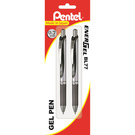 Pentel Energel Deluxe Pk2 ballpoint pens in black, featuring quick-drying ink, ergonomic grip, and sleek design.