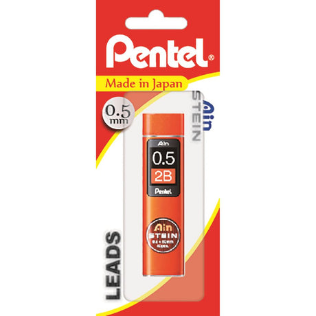 Pentel Ain Stein 2B 0.5mm leads in a swivel-top tube, 40 durable and strong leads for smooth writing and sketching.