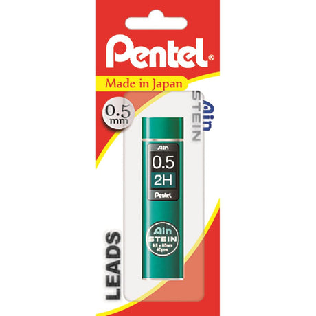 Pentel Ain Stein 2H 0.5mm mechanical pencil leads in a swivel-top tube, featuring durable honeycomb design for strength.