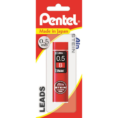 Pentel Ain Stein B 0.5mm leads in a stylish swivel-top tube, featuring a strong honeycomb structure for smooth writing.