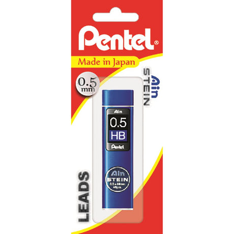 Pentel Ain Stein HB 0.5mm mechanical pencil leads in a swivel-top tube, featuring a durable honeycomb structure.