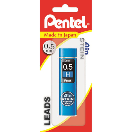 Pentel Ain Stein 0.5mm mechanical pencil leads in swivel-top tube, featuring durable honeycomb structure, pack of 40 in various grades.