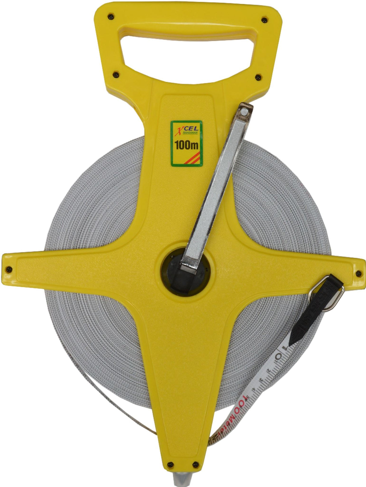 Durable 100m tape measure with bold markings, ideal for construction and DIY projects, featuring an open case for easy access.