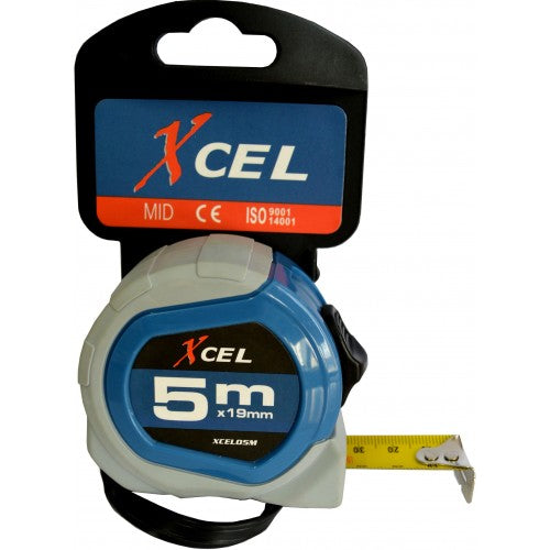 Xcel 5m tape measure in blue and grey, featuring a durable ABS case and ergonomic design for precise measurements.