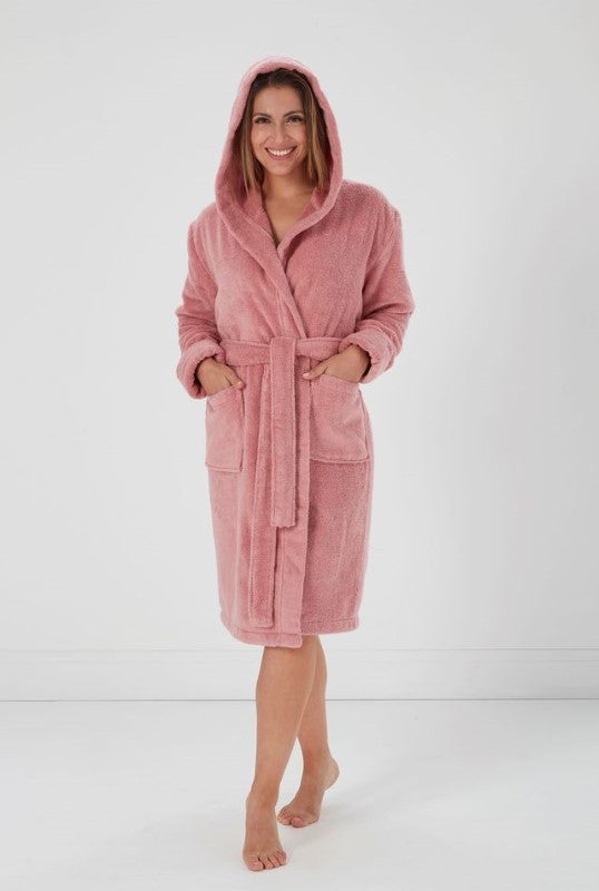 Halle Pink hooded bathrobe L/XL with pockets, made from soft OEKO-TEX certified micro-cotton, ethically produced in Turkey.