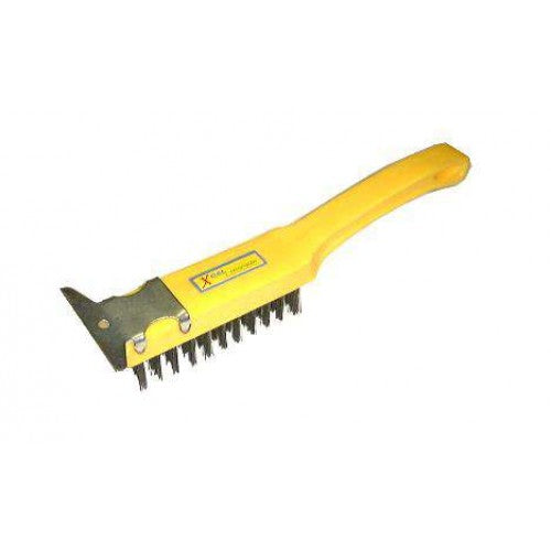 Wire Brush Xcel with 4 steel bristle rows and a plastic handle, designed for heavy-duty cleaning and scraping tasks.