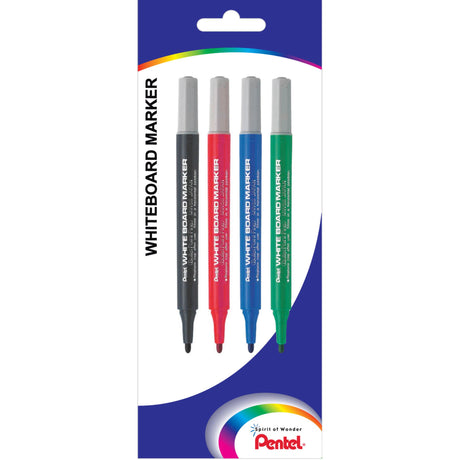 Pentel Wbrd Marker pack of 4 in black, blue, red, and green; fine point for precise writing on whiteboards.